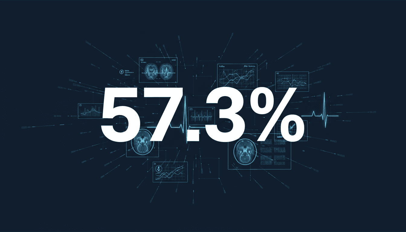 Minimalist graphic showing 57.3 percent completion rate for the HealthAgentBench healthcare AI benchmark