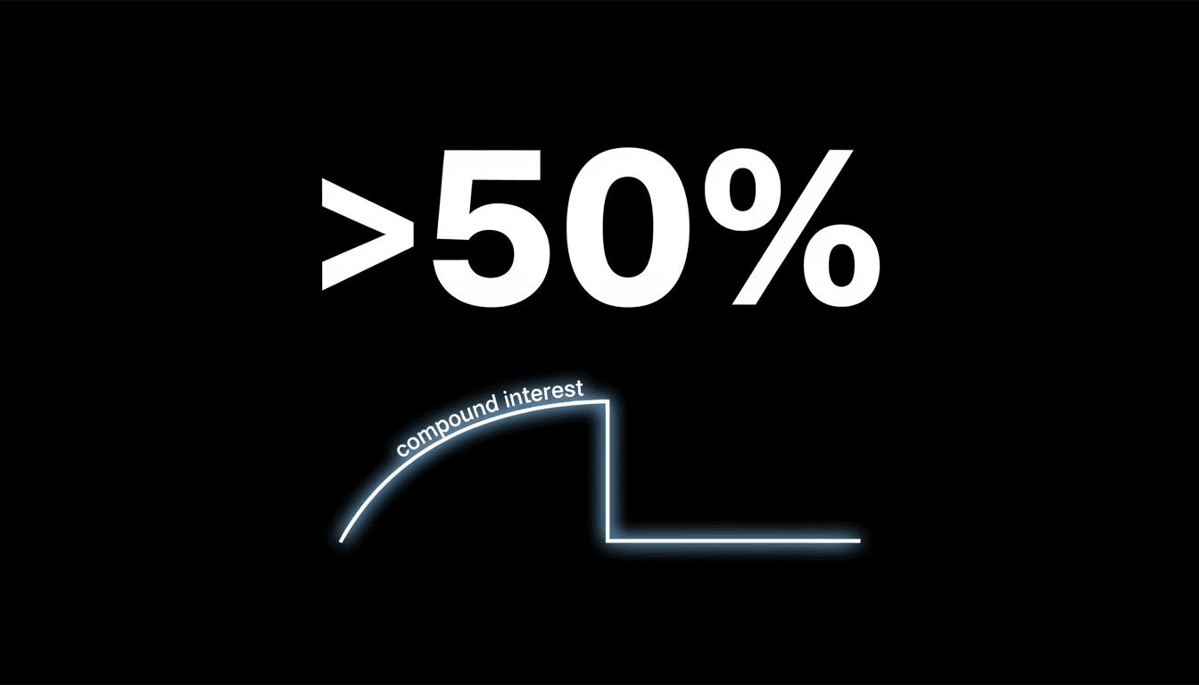 Minimalist dark data graphic showing a greater than fifty percent statistic representing AI extinction risk forecasts