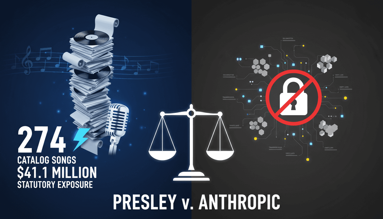 Split-screen graphic showing 274 Elvis Presley songs, court claims, and Anthropic Claude AI training datasets.