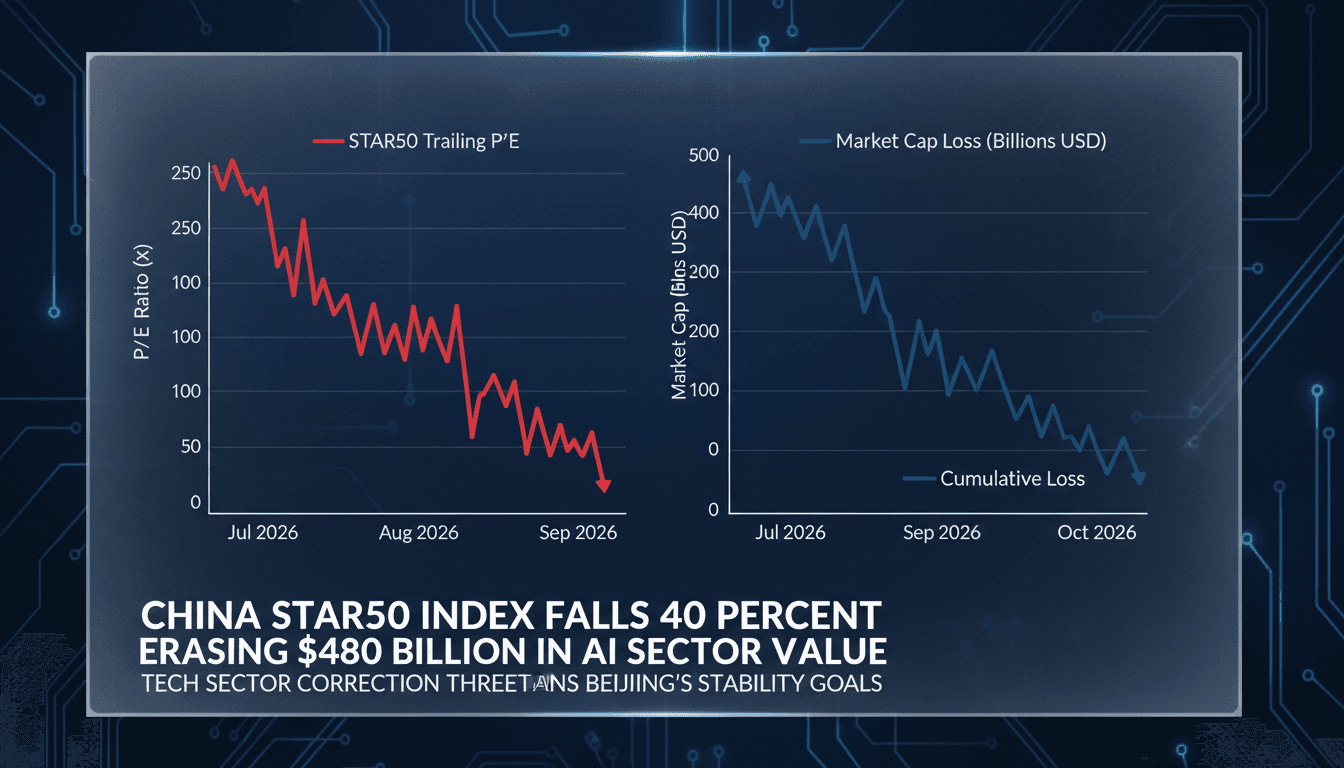 Data chart illustrating China's AI stock market correction with the STAR50 index dropping 40 percent and losing $480 billion