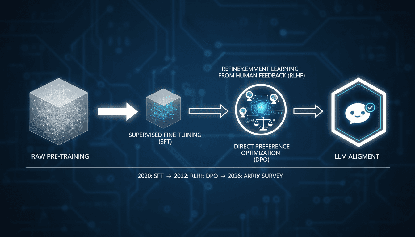 Diagram mapping the mathematical frameworks of LLM alignment pipelines from supervised fine-tuning to DPO