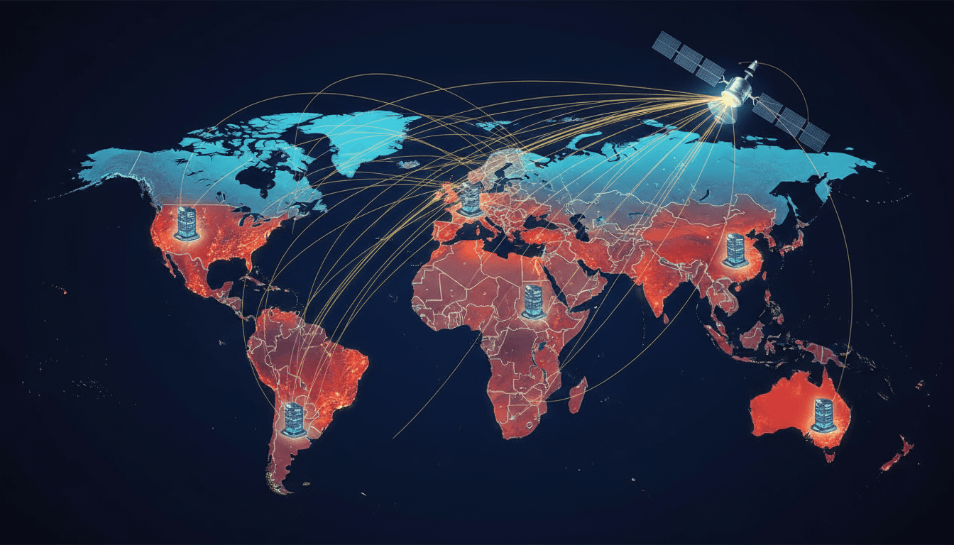 Diagram showing programmatic ad bidding infrastructure intercepting satellite data connections from Starlink terminals.