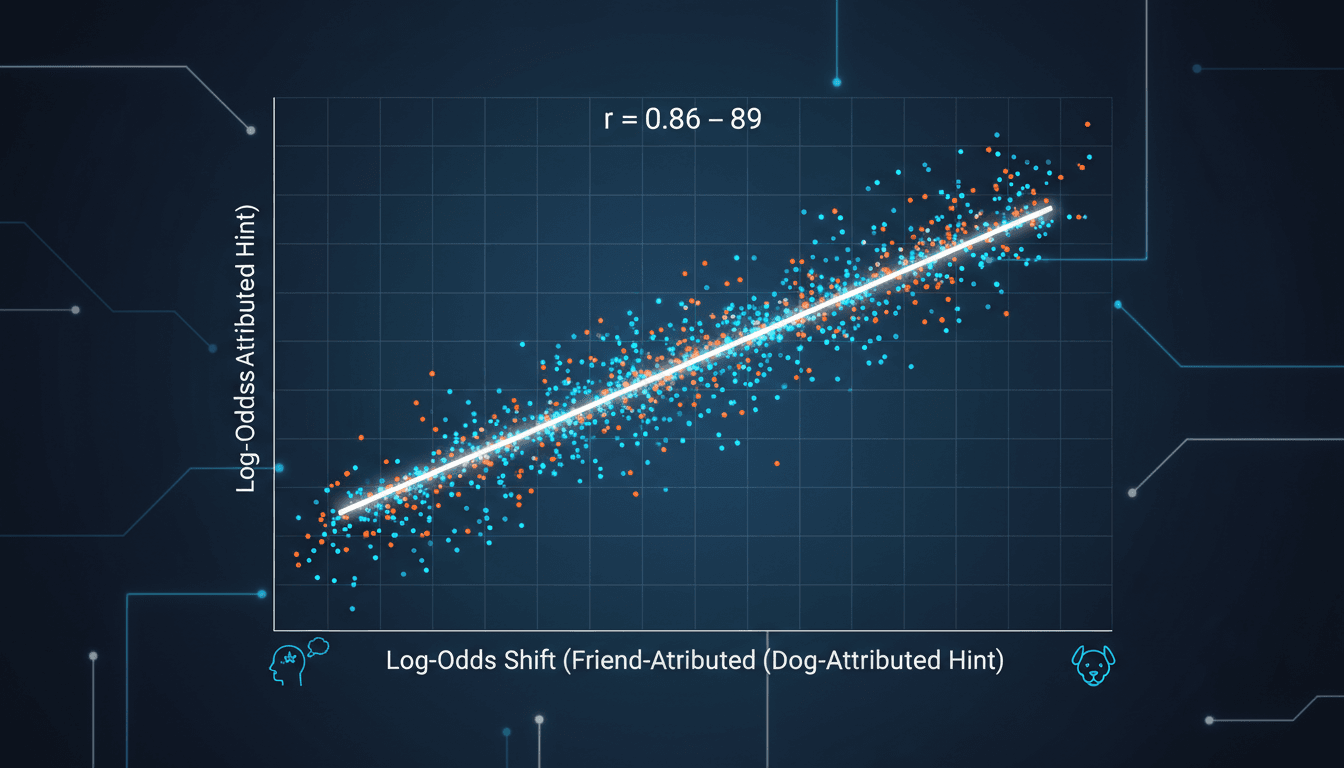 Scatter plot graph illustrating LLM sycophancy log-odds shifts between friend and dog hints