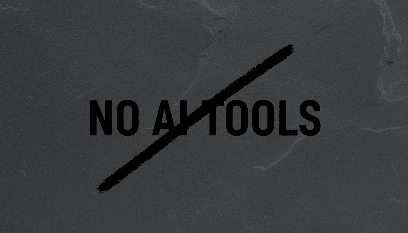 Minimalist typographic card with the words NO AI TOOLS crossed out, highlighting the r/opensource AI ban.