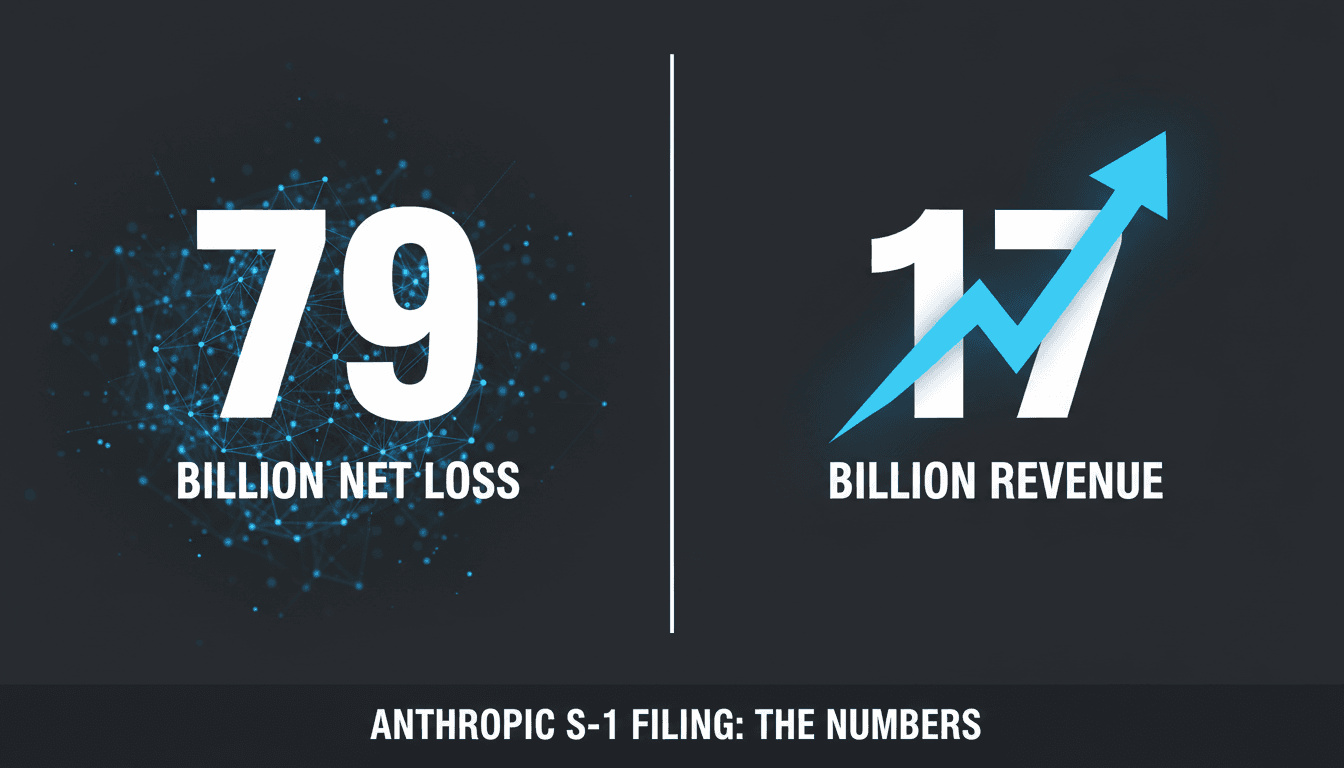 Bold typographic graphic displaying Anthropic S-1 IPO filing data and valuation metrics