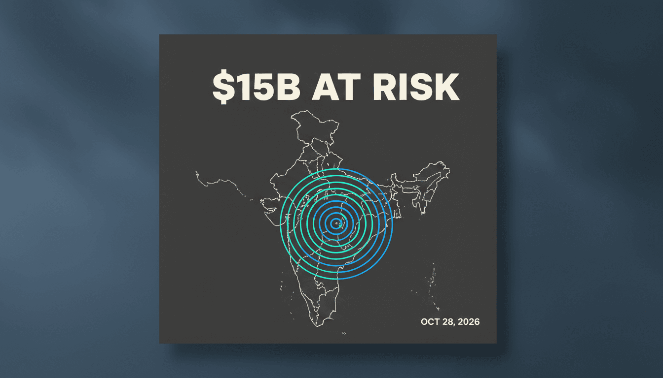 Minimalist graphic card showing 15 billion dollar figure over a stylized radar line of eastern India coastline
