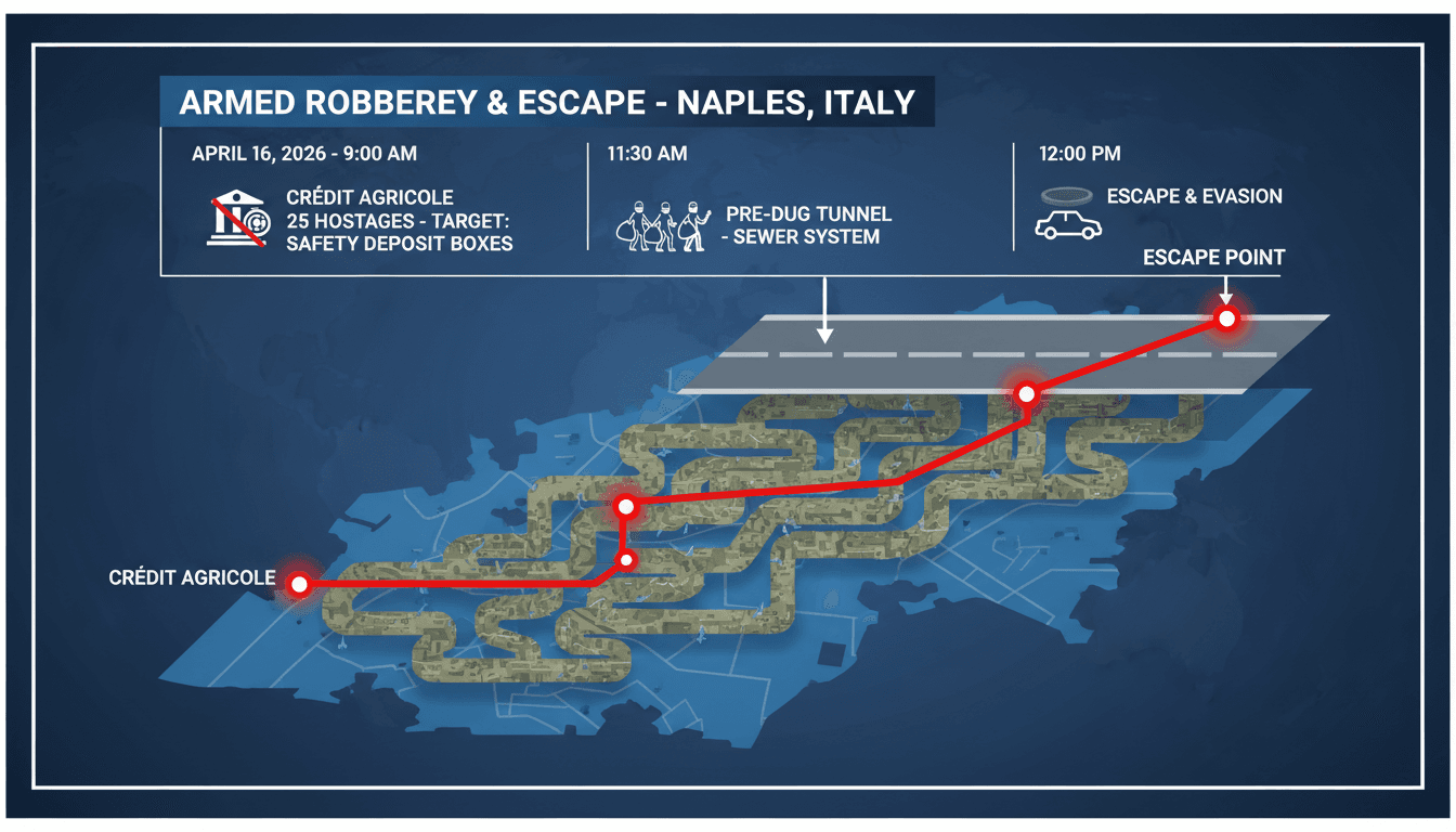Armed Robbery at Crédit Agricole in Naples Results in Hostage Situation and Escape via Sewer