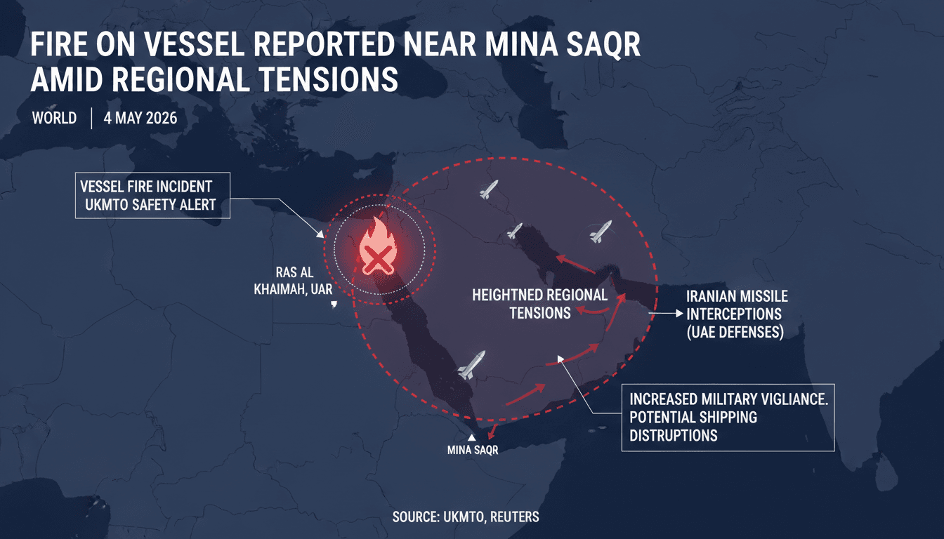 Map showing the location of the vessel fire near Mina Saqr, UAE, amidst rising maritime tensions.