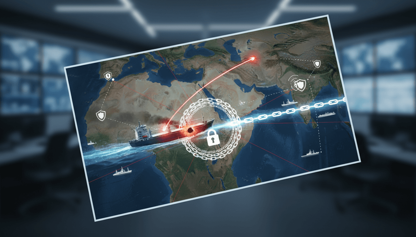 Cargo vessel in the Strait of Hormuz with a focus on maritime security issues.