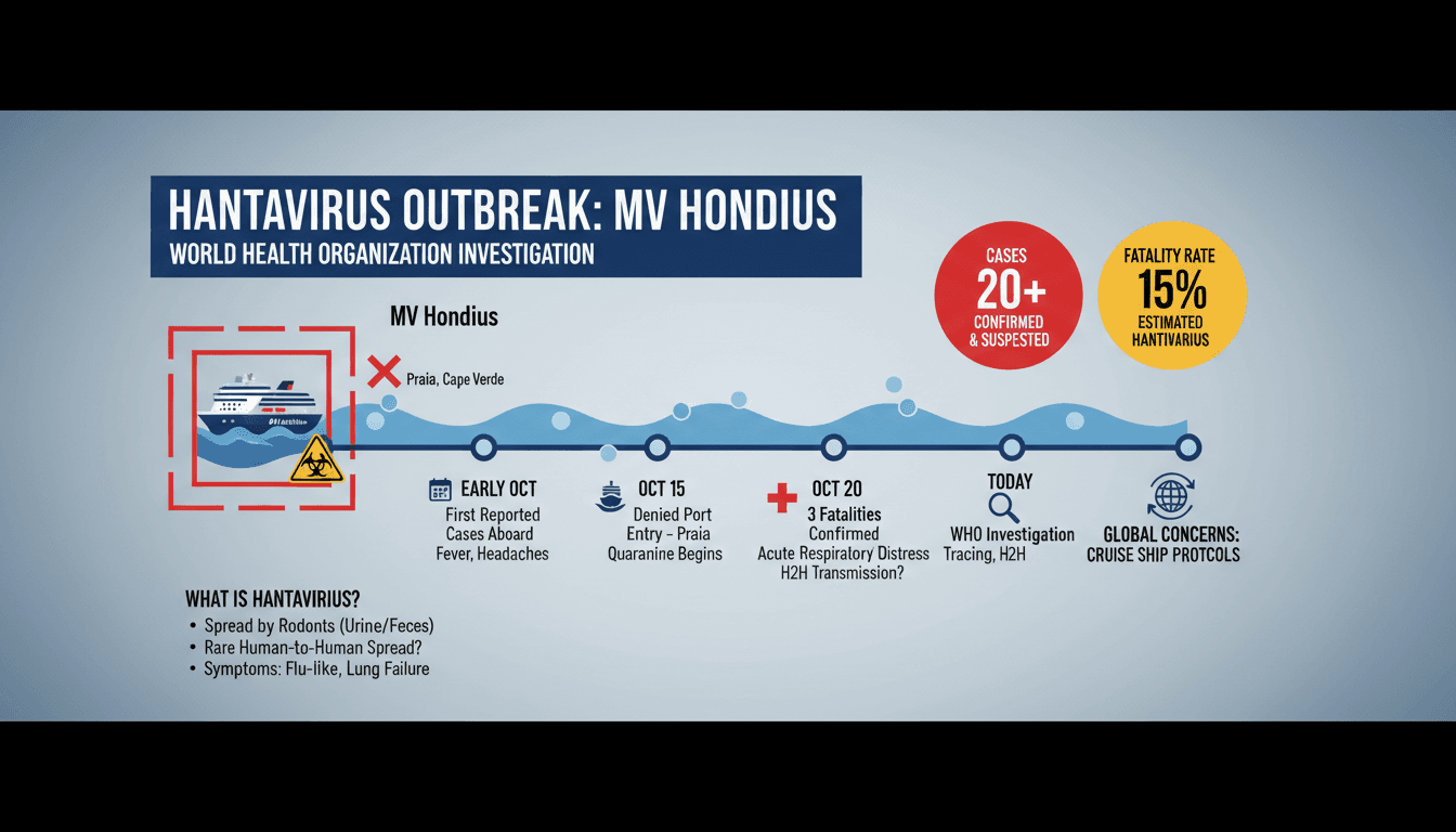 Infographic detailing the hantavirus outbreak on the MV Hondius cruise ship, including key statistics and timeline.