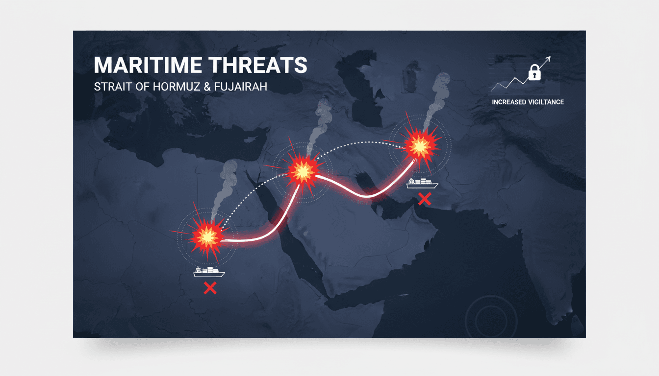 Cargo ships navigating the Strait of Hormuz with security concerns highlighted.