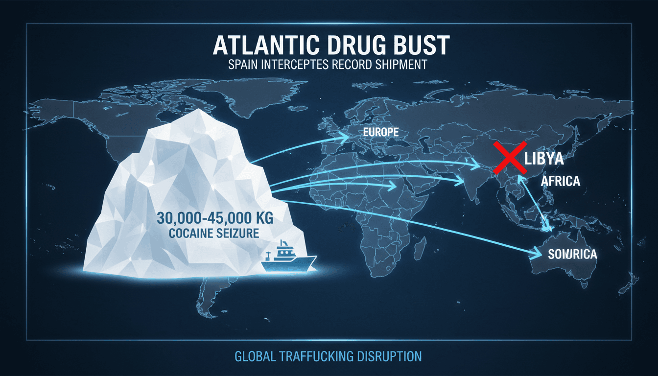Spanish authorities seizing a large shipment of cocaine in the Atlantic Ocean.