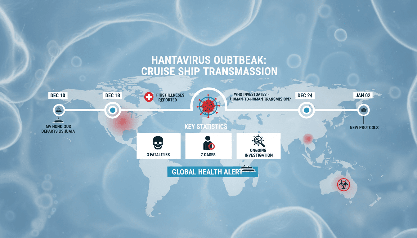 Infographic detailing the hantavirus outbreak on the MV Hondius cruise ship, highlighting cases and transmission risks.