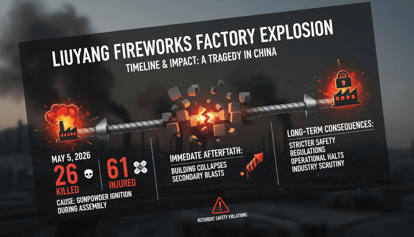 Infographic detailing the Liuyang fireworks factory explosion, including key statistics and safety violations.
