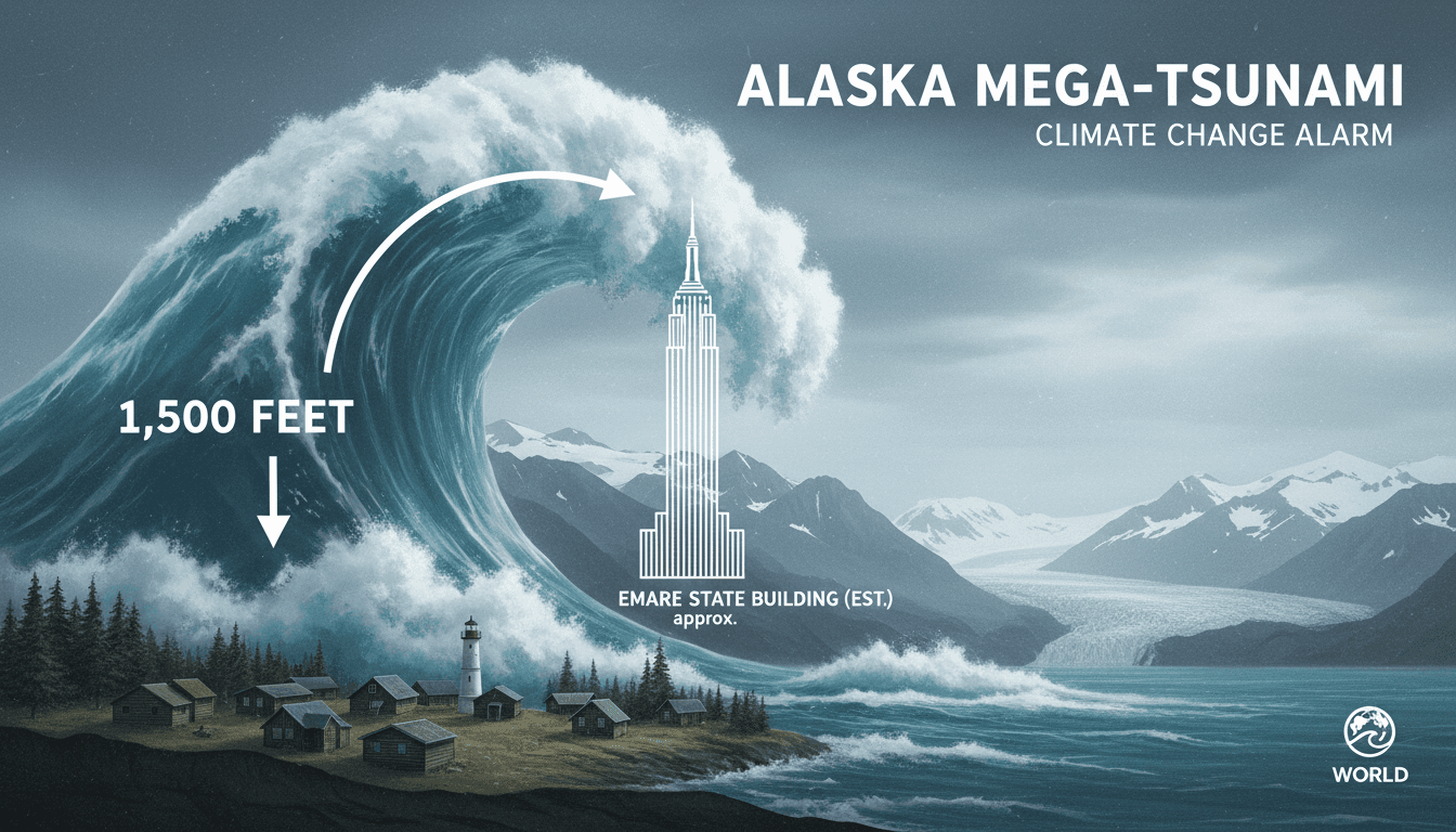 A dramatic view of the Tracy Arm Fjord with tsunami impact illustration.