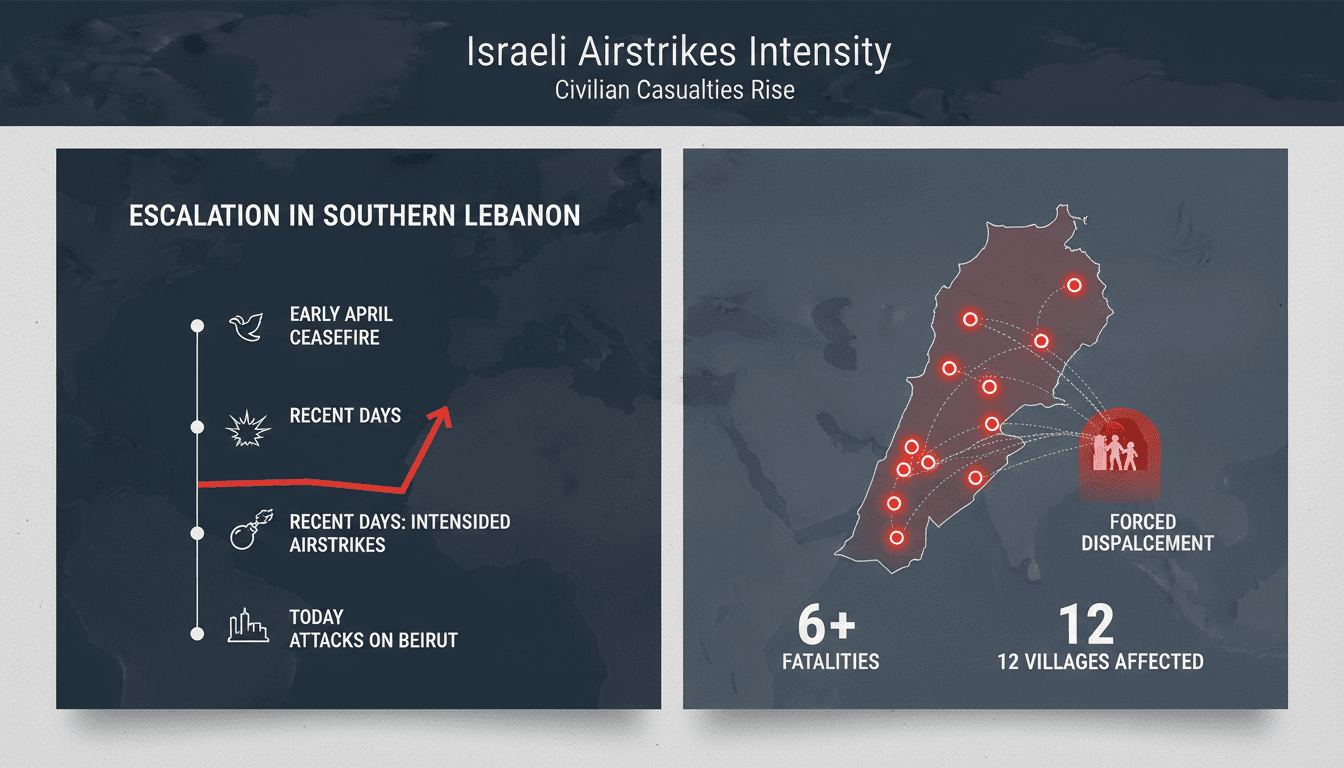 Aerial view of southern Lebanon showing areas affected by airstrikes.