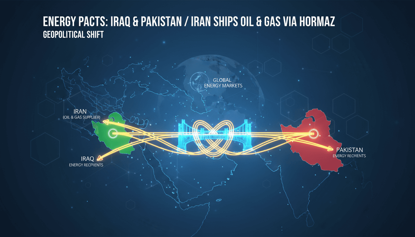 Map showing energy shipment routes from Iraq and Pakistan to Iran through the Strait of Hormuz.