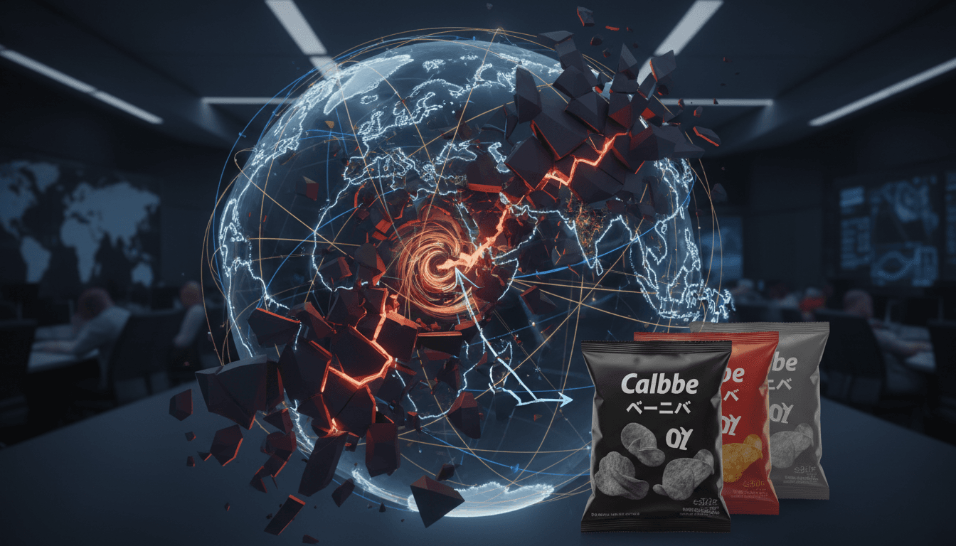 Calbee snack packaging in black and white due to ink shortages.