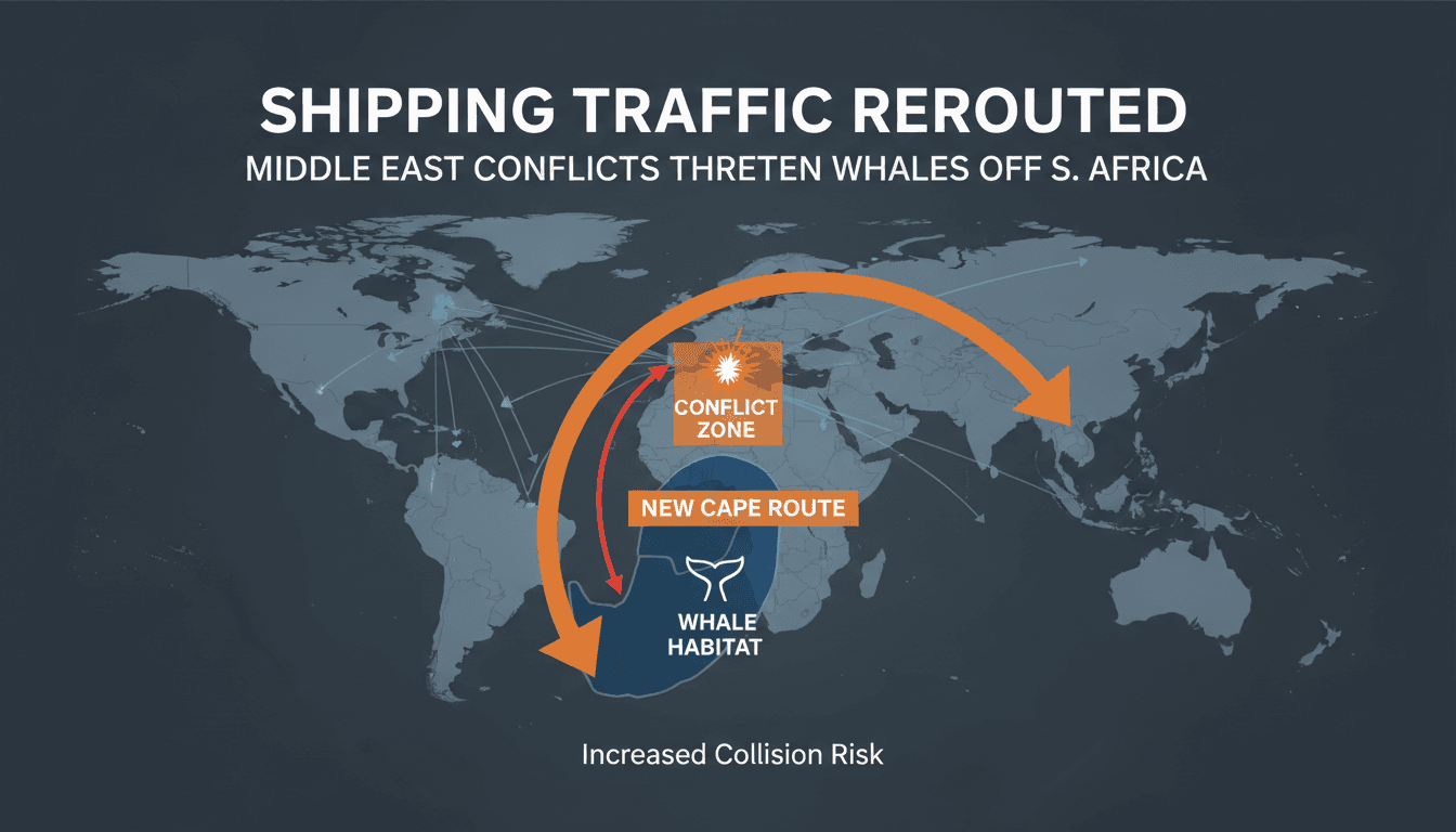Shipping routes around South Africa highlighting whale habitats and increased traffic risks.