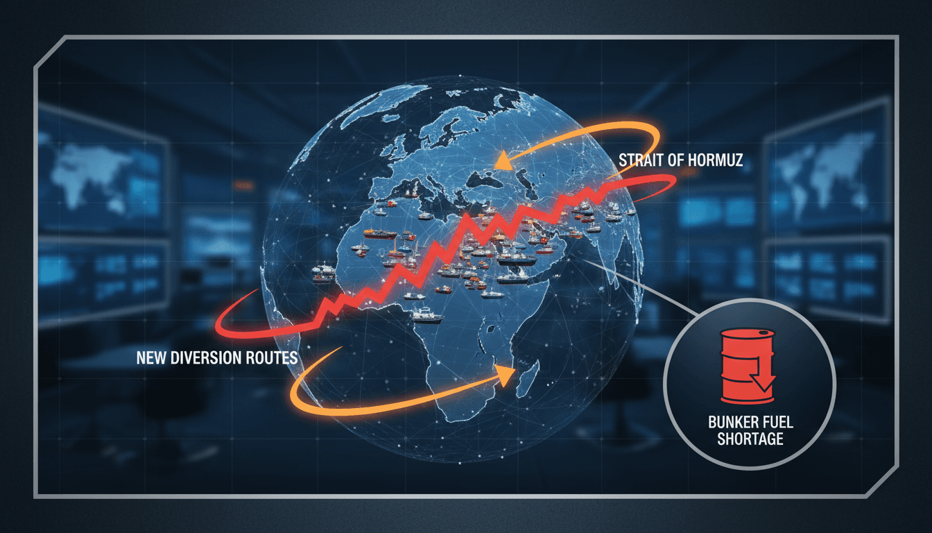 Illustration of global shipping routes affected by the Strait of Hormuz closure.