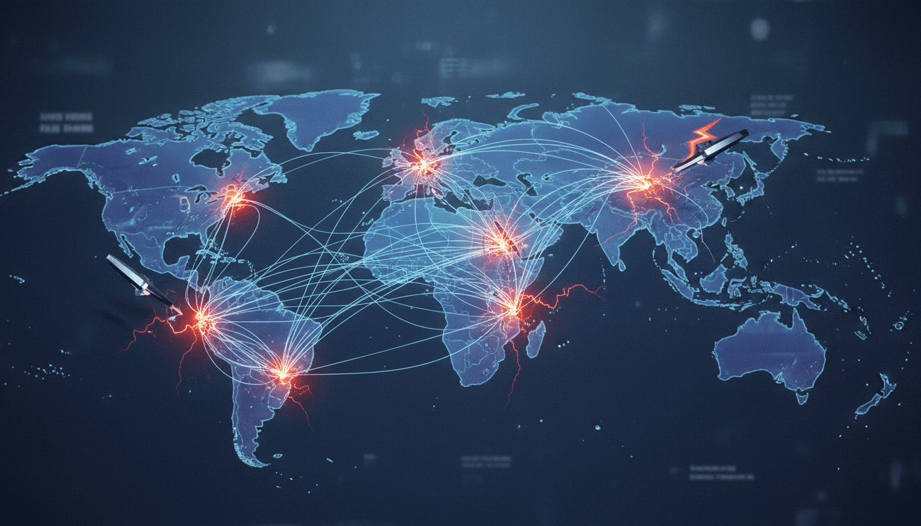 Illustration of undersea fiber-optic cables and their global connectivity risks.