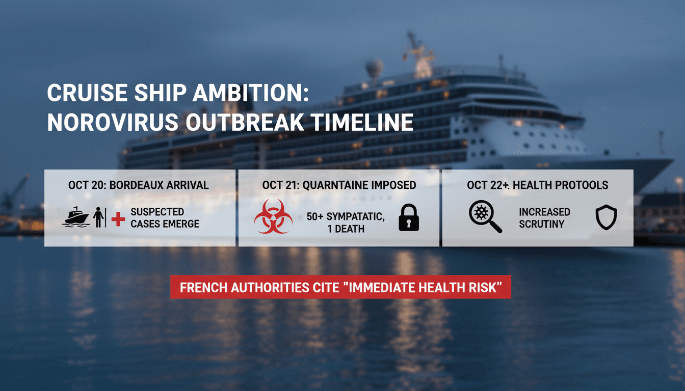Cruise ship Ambition docked in Bordeaux during quarantine.