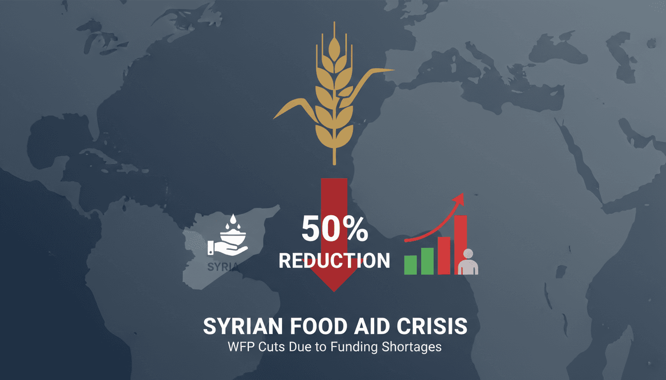 WFP logo with a background of Syrian landscapes affected by food insecurity.