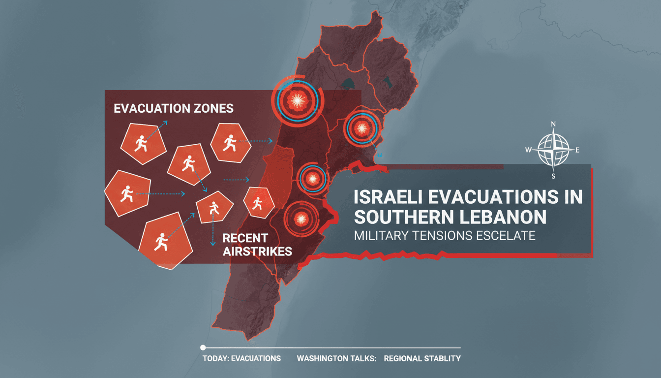 Map showing evacuation zones and airstrike locations in southern Lebanon.
