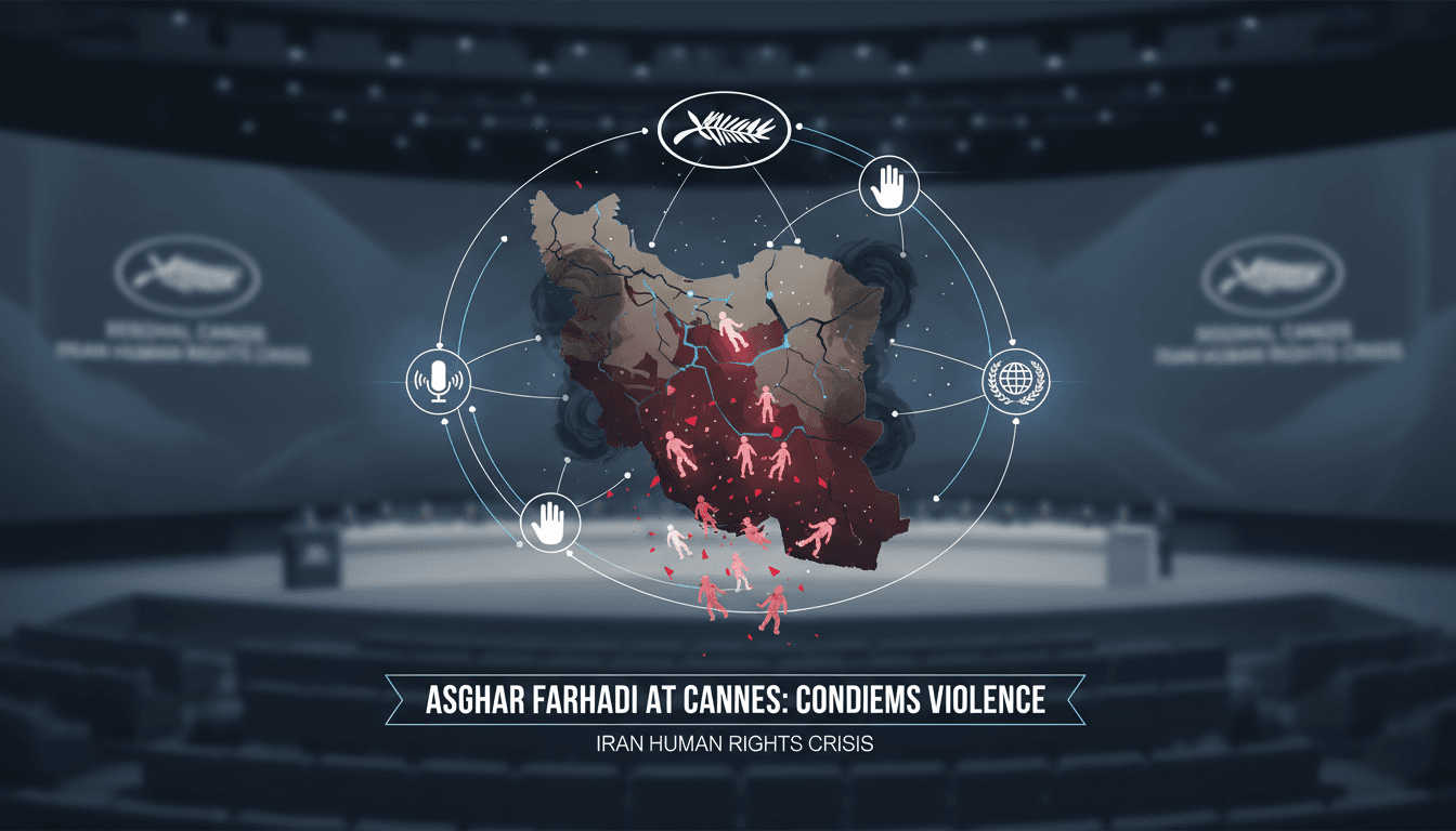 Asghar Farhadi speaking at Cannes Film Festival about violence in Iran.