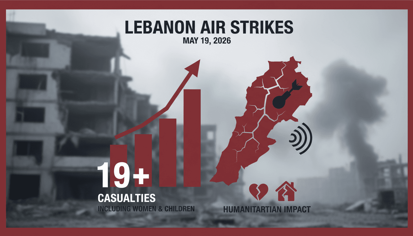Infographic showing the impact of Israeli air strikes on Lebanon, highlighting casualties and humanitarian crisis.