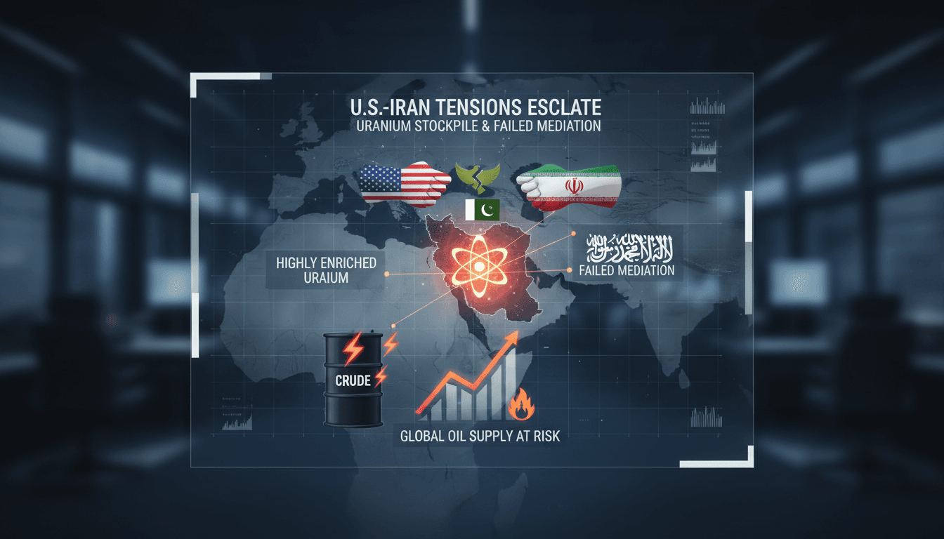U.S. and Iran flags with a backdrop of a nuclear symbol and oil barrels.