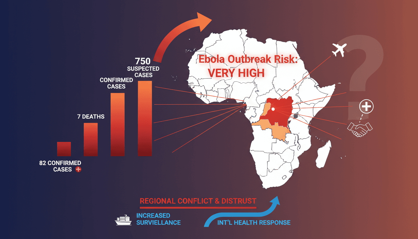 Infographic showing the rise in Ebola cases in the DRC and its impact on regional health and trade.