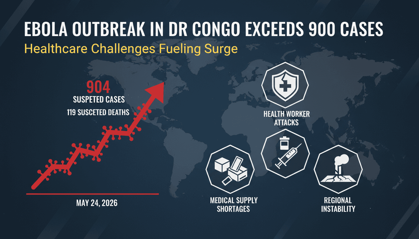 Infographic showing the rise in Ebola cases in the DRC and factors affecting the outbreak.