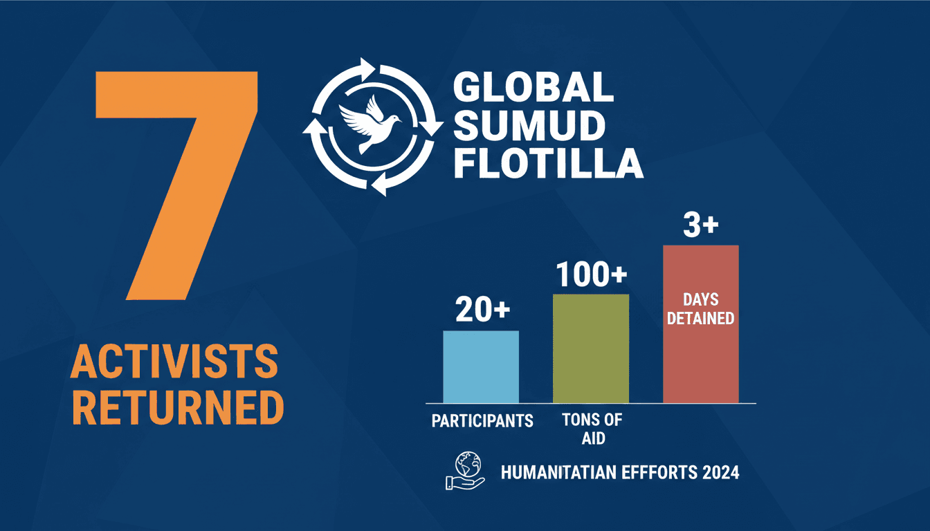 Activists from the Global Sumud Flotilla returning to the UK after detention, highlighting humanitarian aid issues.