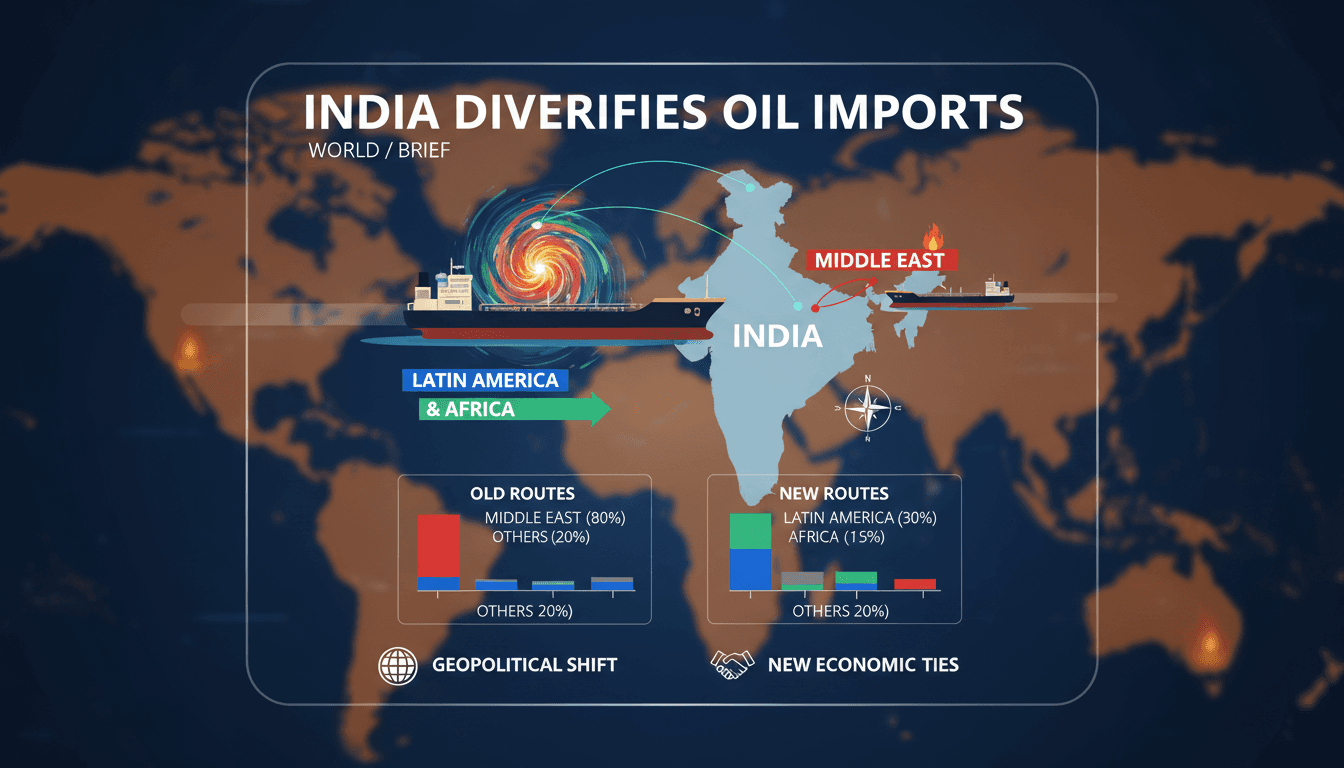 Map showing India's new oil import routes from Latin America and Africa.