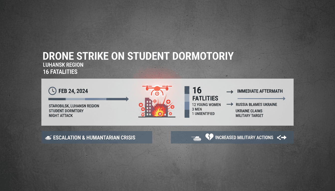 Infographic detailing the drone strike in Starobilsk, including casualties and geopolitical implications.