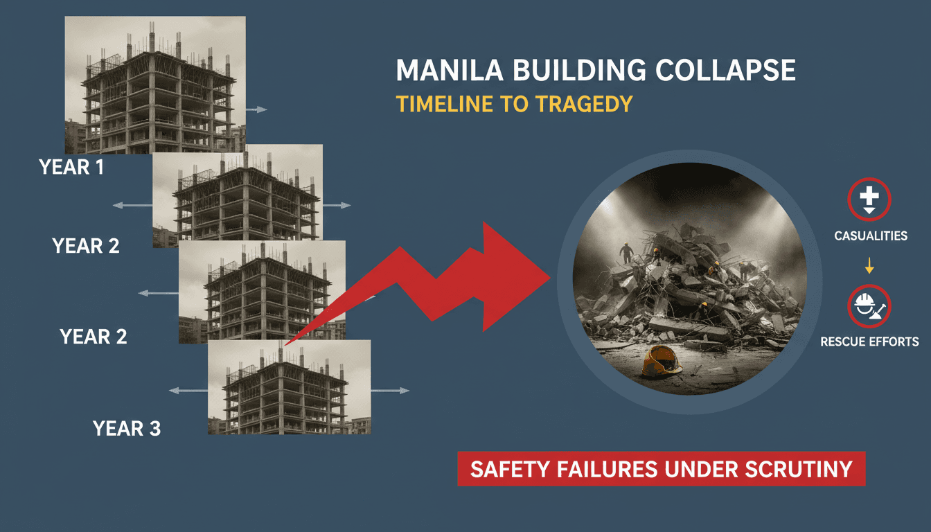 Rescue operations underway at the site of the building collapse in Manila.