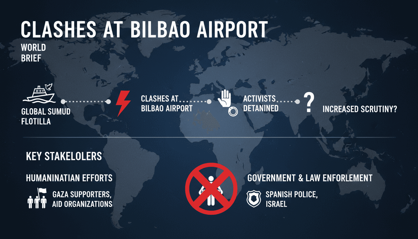 Activists clashing with police at Bilbao Airport during flotilla return