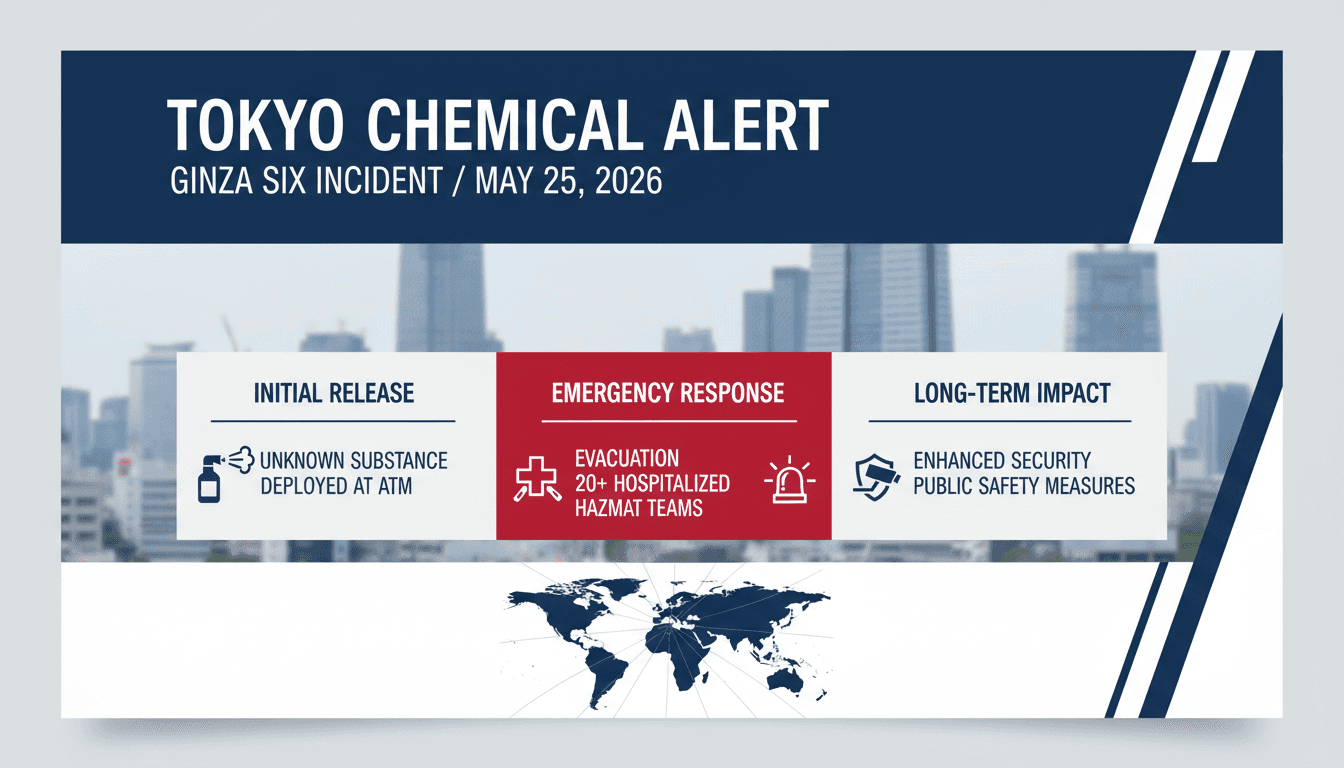 Emergency services responding to a chemical exposure incident in Tokyo's Ginza Six shopping complex.