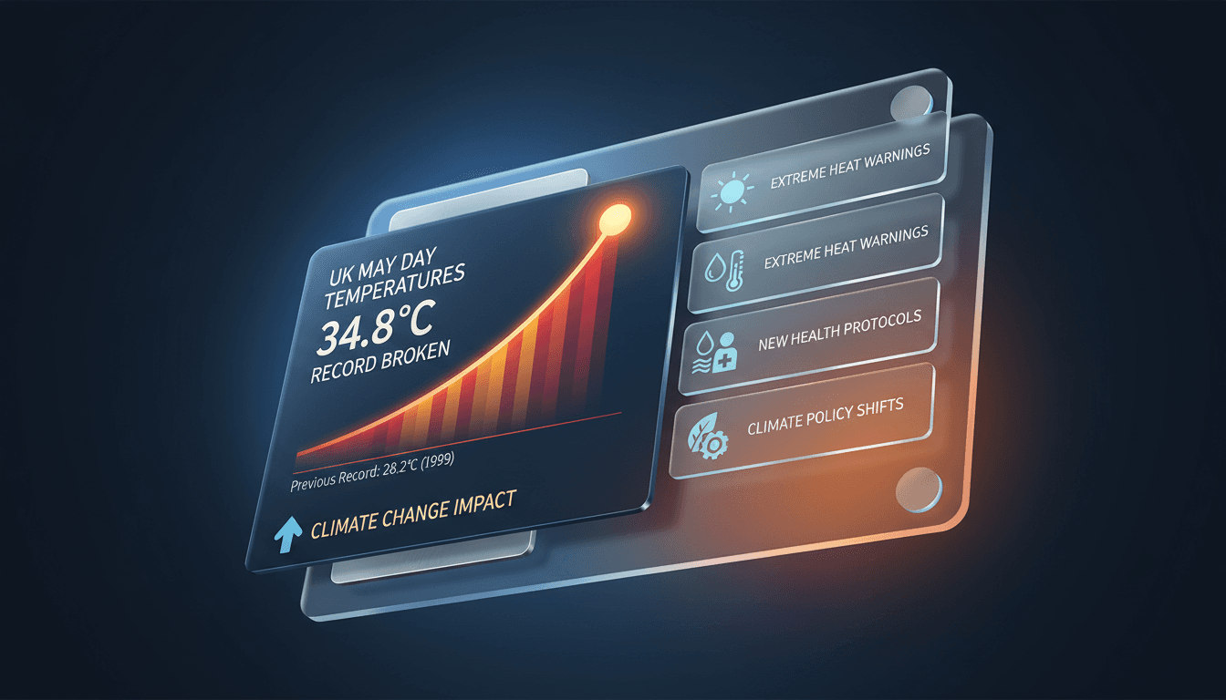 A thermometer showing record high temperatures in the UK on May Day.