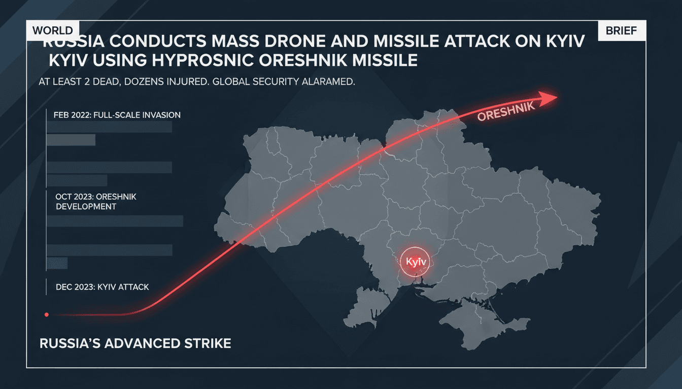 A dramatic image of the aftermath of the missile attack on Kyiv, showcasing destruction and urgency.