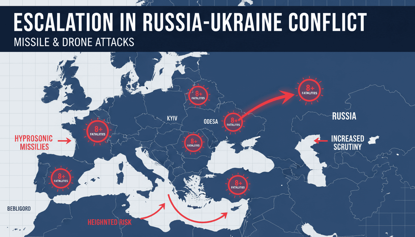 Map showing the impact of missile and drone attacks in Russia and Ukraine.