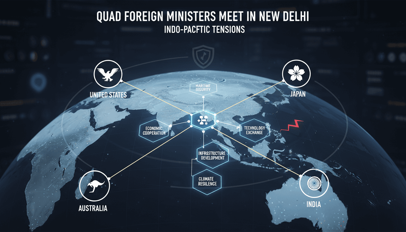 Quad foreign ministers meeting in New Delhi to discuss Indo-Pacific security.