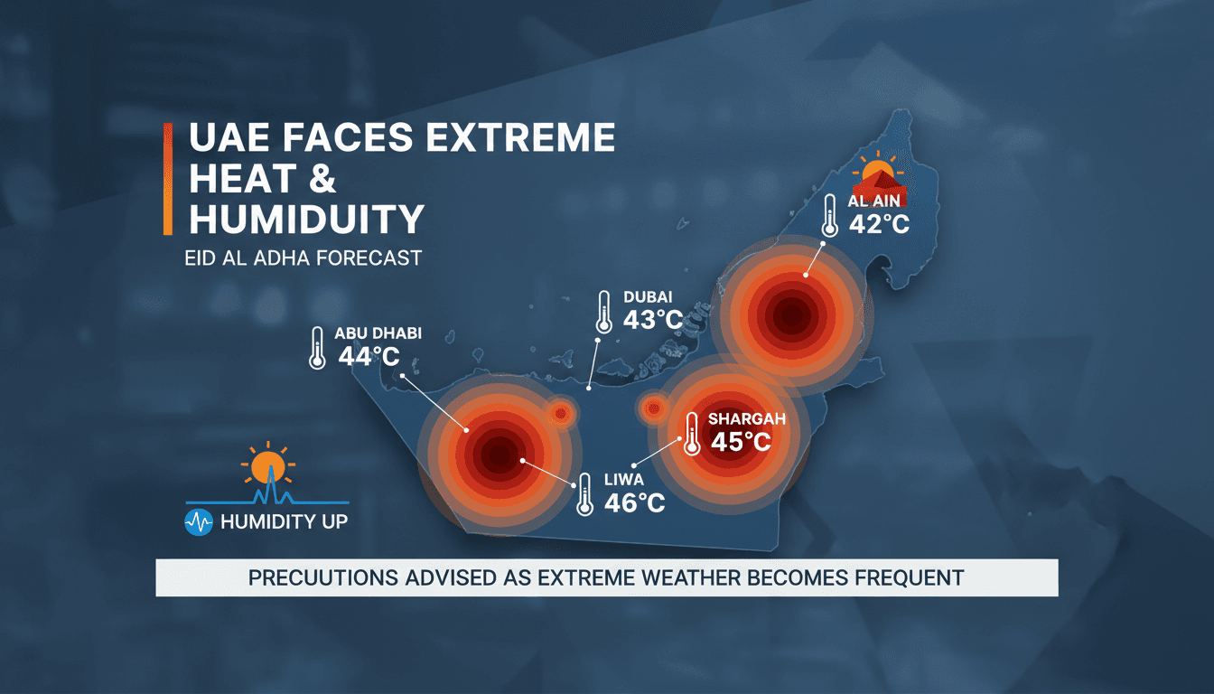 A view of a sun-drenched UAE landscape with temperature warnings.