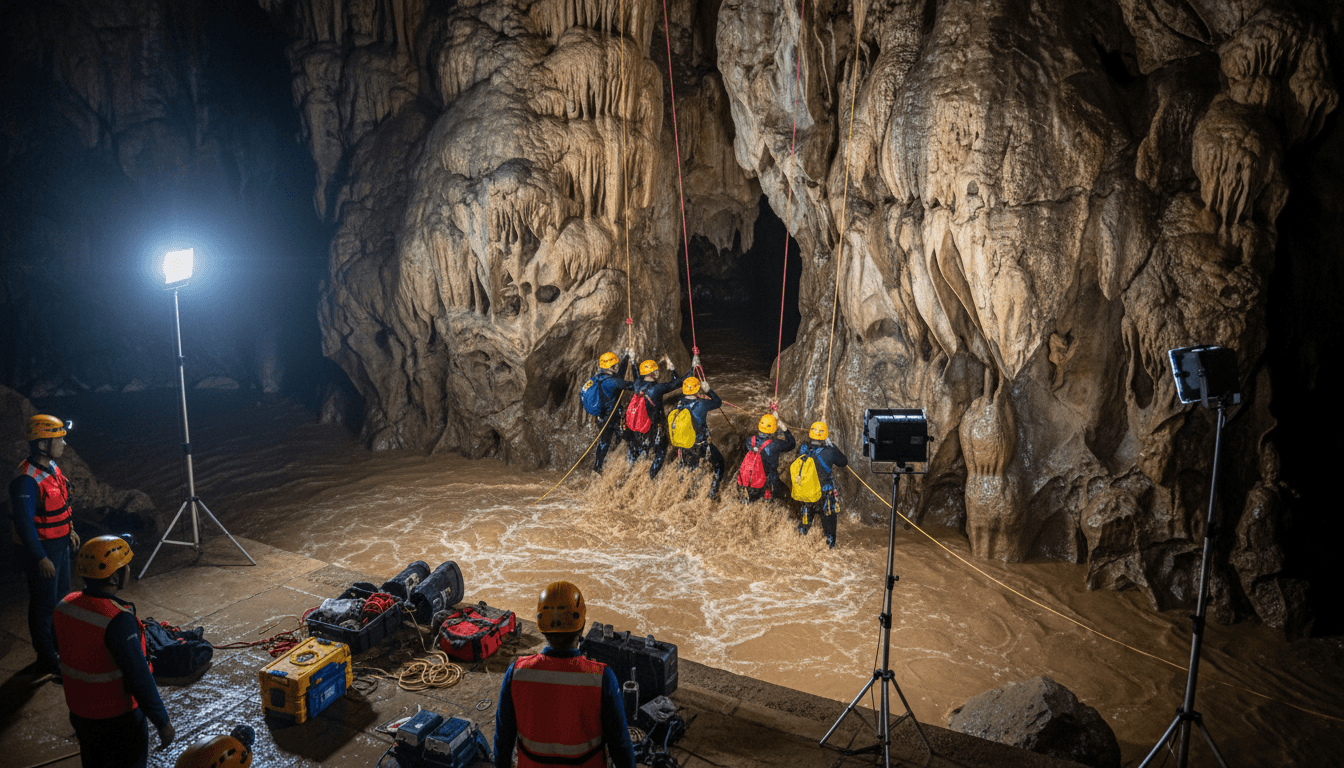 Rescue teams working in a flooded cave in Laos during the rescue operation.