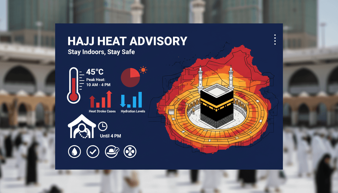 Hajj pilgrims in a camp during the Day of Arafat under extreme heat conditions.
