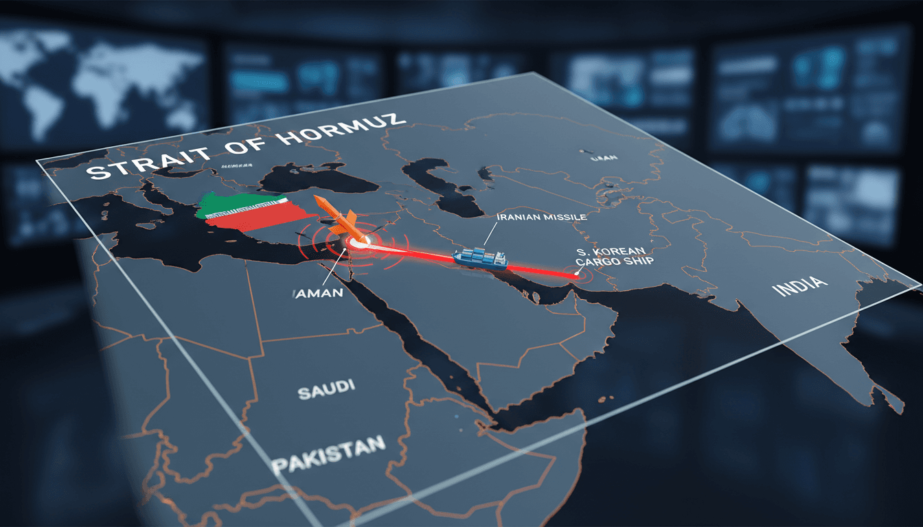 Map of the Strait of Hormuz highlighting shipping routes and geopolitical tensions.