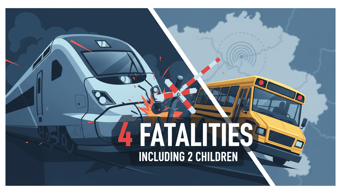 A scene depicting the aftermath of the Belgium rail crash, focusing on the train and minibus involved.
