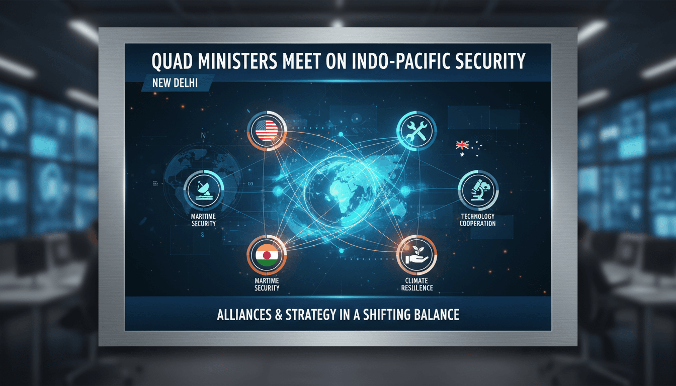 Quad ministers meeting in New Delhi to discuss Indo-Pacific security.
