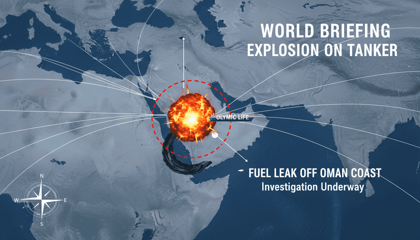 Aerial view of the tanker Olympic Life near the coast of Oman after the explosion.